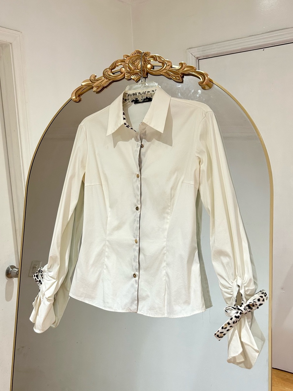 Roberto Cavalli White Cotton Button-Up Long-sleeve Blouse Made in Italy, Size S